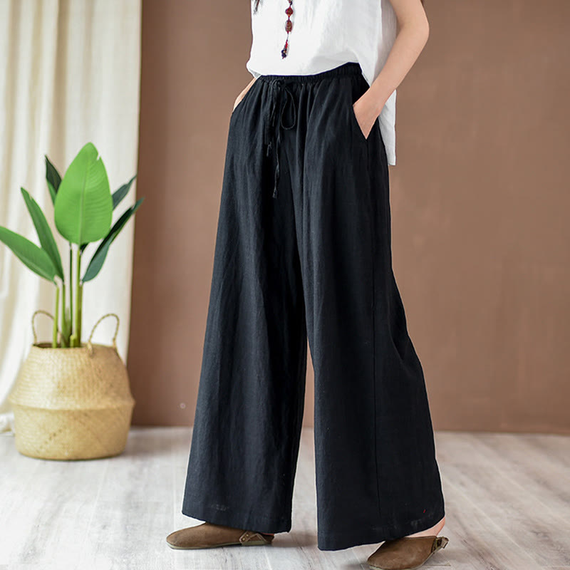 Loose Cotton Linen Drawstring Wide Leg Pants With Pockets