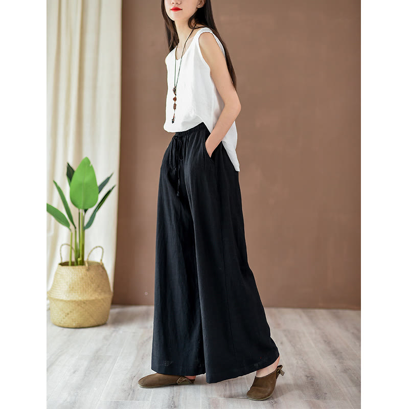 Loose Cotton Linen Drawstring Wide Leg Pants With Pockets