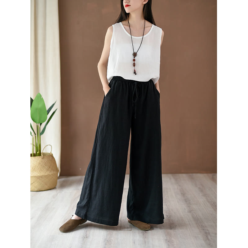 Loose Cotton Linen Drawstring Wide Leg Pants With Pockets
