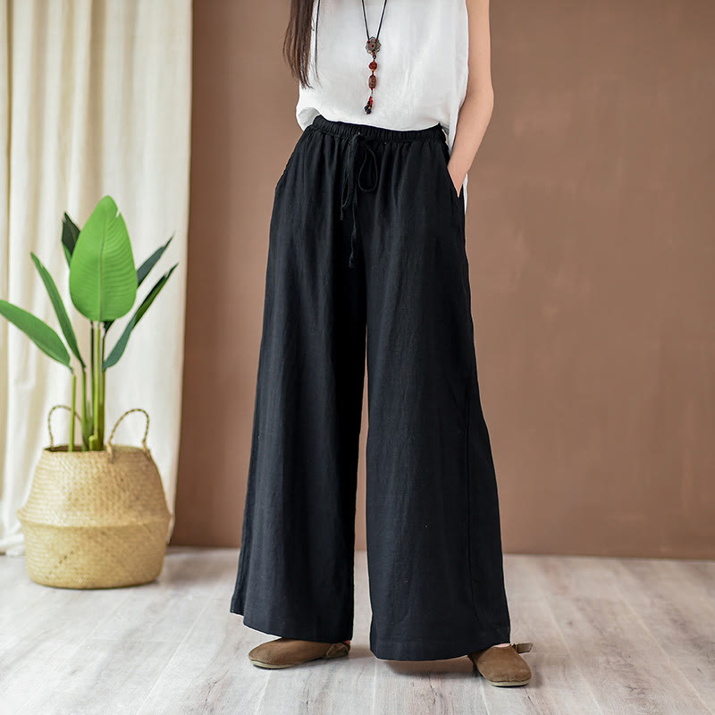 Loose Cotton Linen Drawstring Wide Leg Pants With Pockets
