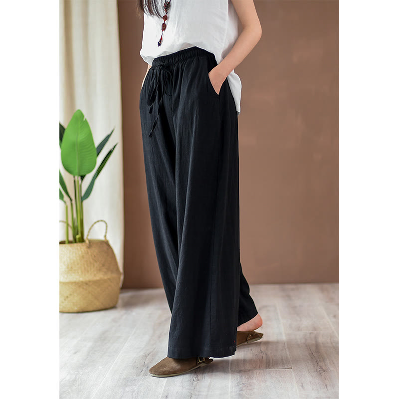 Loose Cotton Linen Drawstring Wide Leg Pants With Pockets