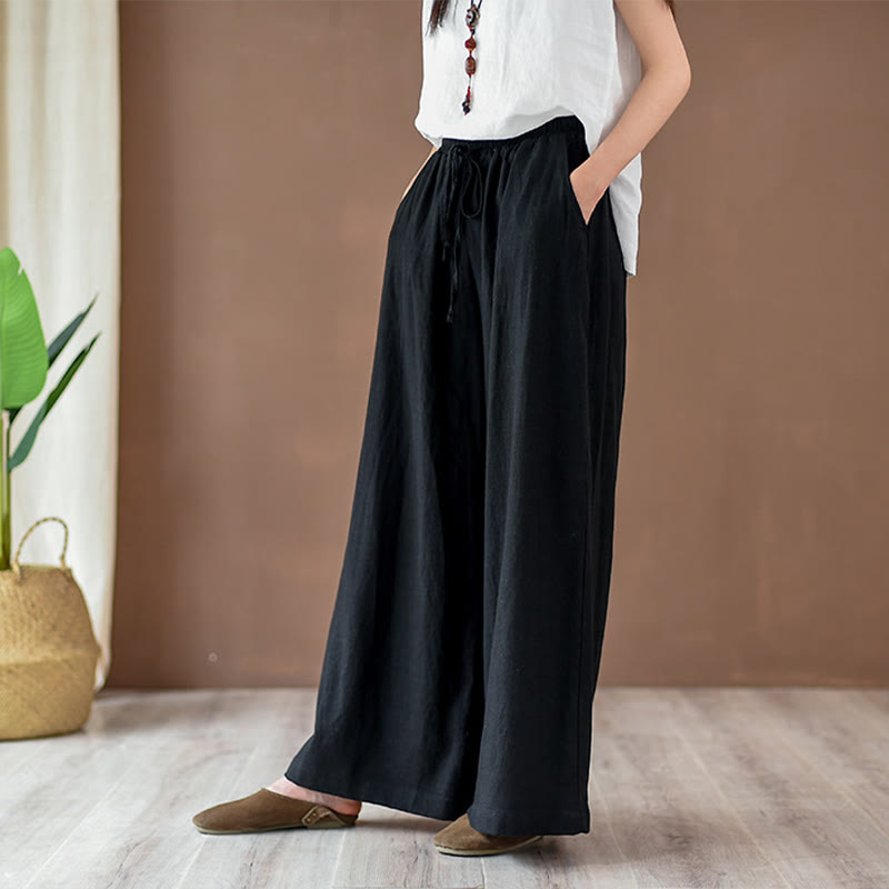 Loose Cotton Linen Drawstring Wide Leg Pants With Pockets
