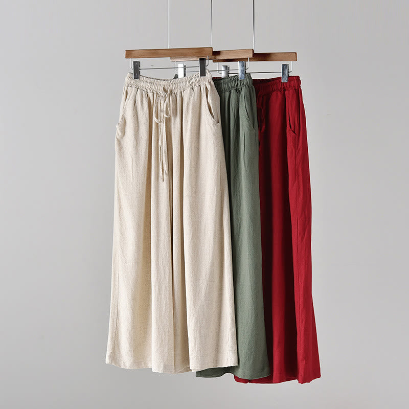Loose Cotton Linen Drawstring Wide Leg Pants With Pockets