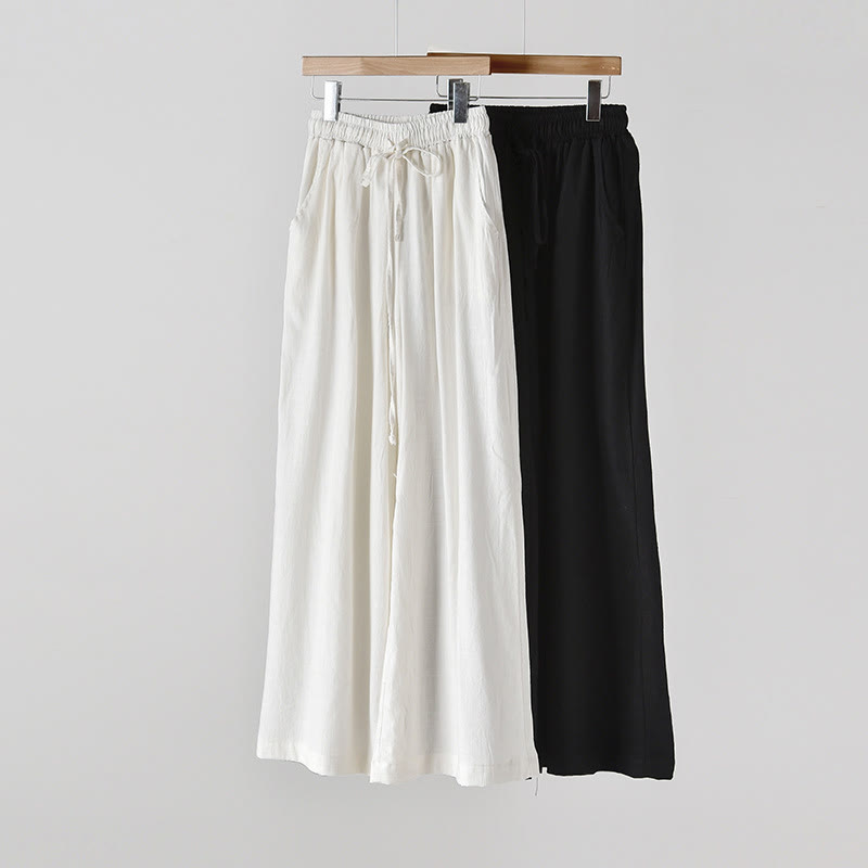 Loose Cotton Linen Drawstring Wide Leg Pants With Pockets