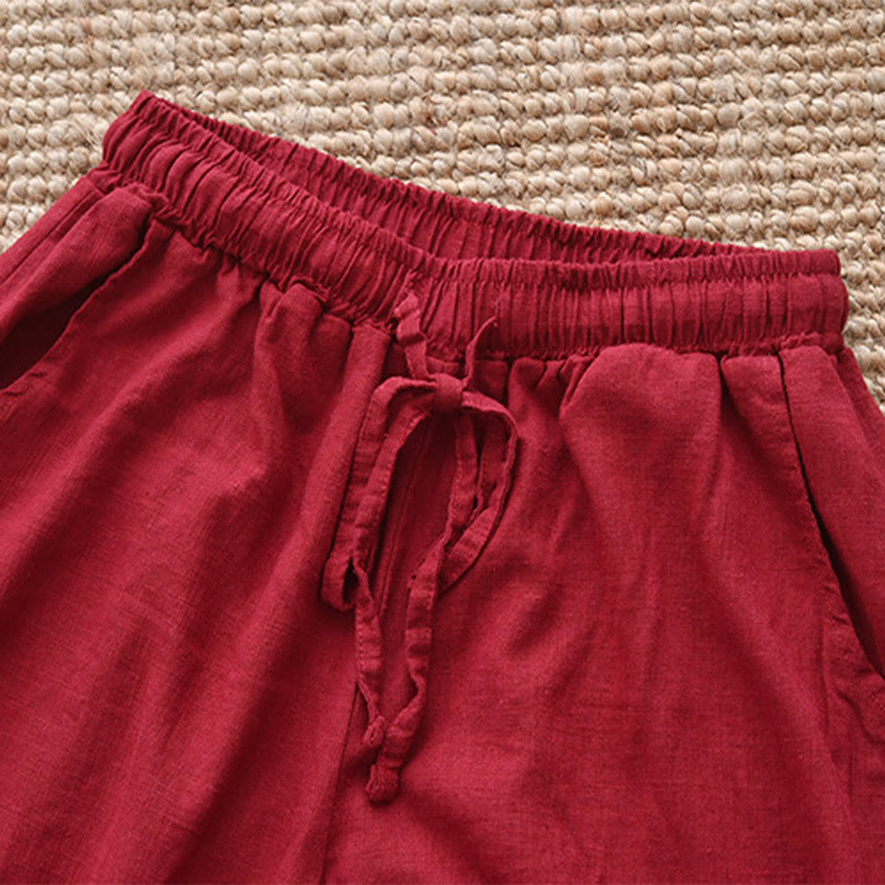 Loose Cotton Linen Drawstring Wide Leg Pants With Pockets