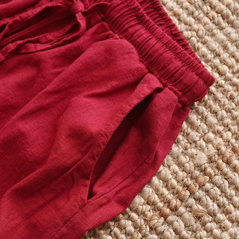 Loose Cotton Linen Drawstring Wide Leg Pants With Pockets