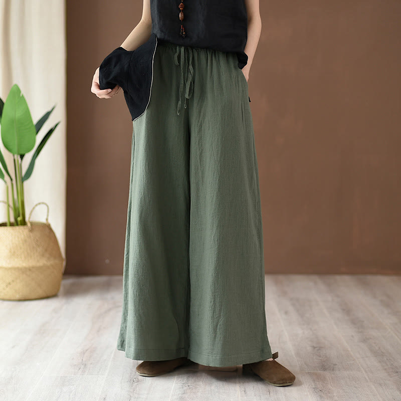 Loose Cotton Linen Drawstring Wide Leg Pants With Pockets