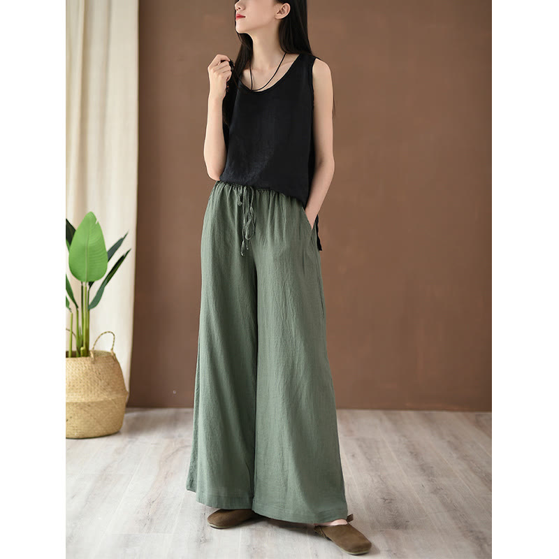 Loose Cotton Linen Drawstring Wide Leg Pants With Pockets