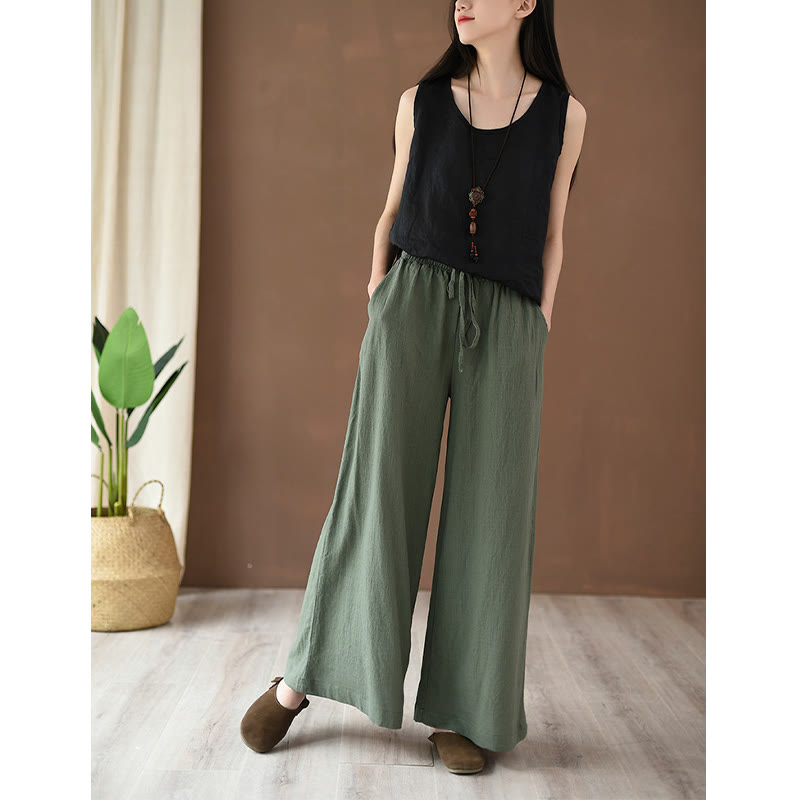 Loose Cotton Linen Drawstring Wide Leg Pants With Pockets
