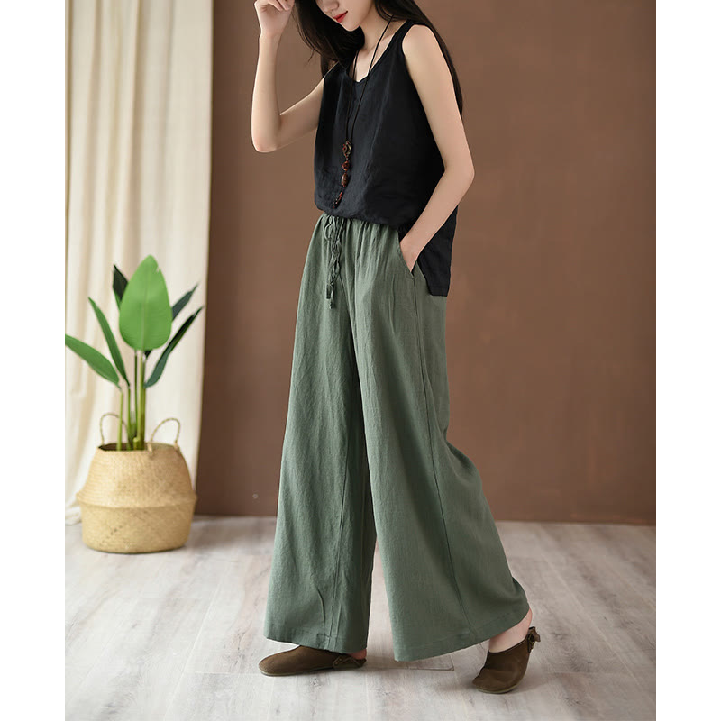 Loose Cotton Linen Drawstring Wide Leg Pants With Pockets