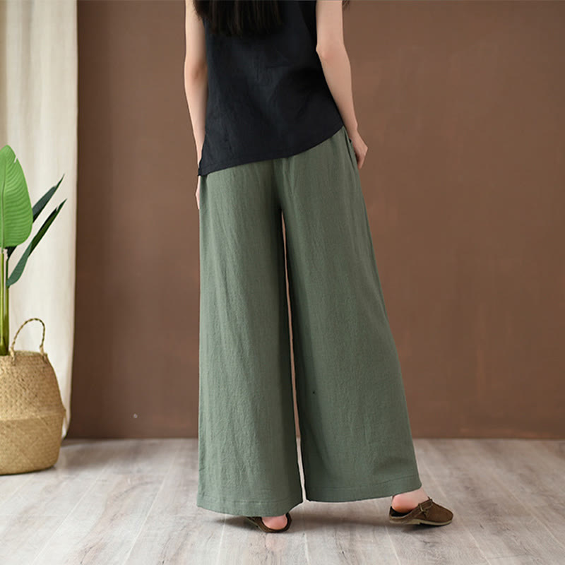Loose Cotton Linen Drawstring Wide Leg Pants With Pockets