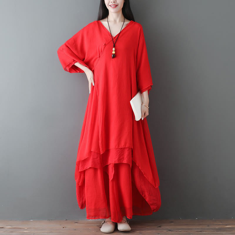 V-Neck Midi Tunic Dress Wide Leg Pants Meditation Zen Practice Dance Clothing
