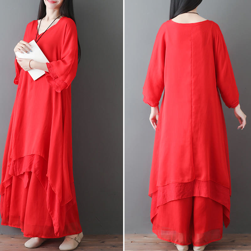 V-Neck Midi Tunic Dress Wide Leg Pants Meditation Zen Practice Dance Clothing