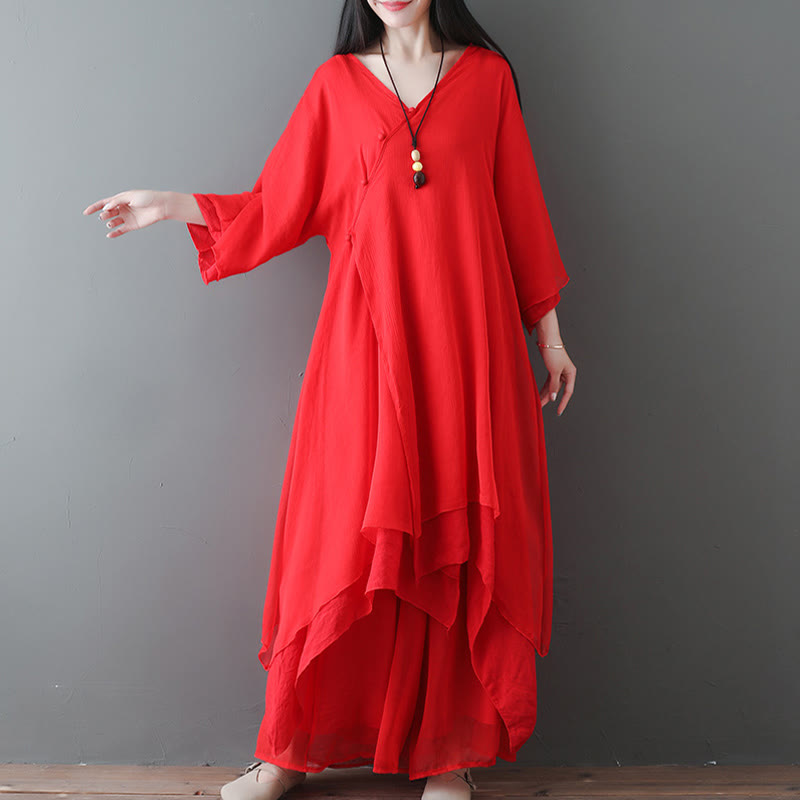 V-Neck Midi Tunic Dress Wide Leg Pants Meditation Zen Practice Dance Clothing