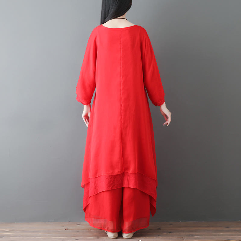 V-Neck Midi Tunic Dress Wide Leg Pants Meditation Zen Practice Dance Clothing