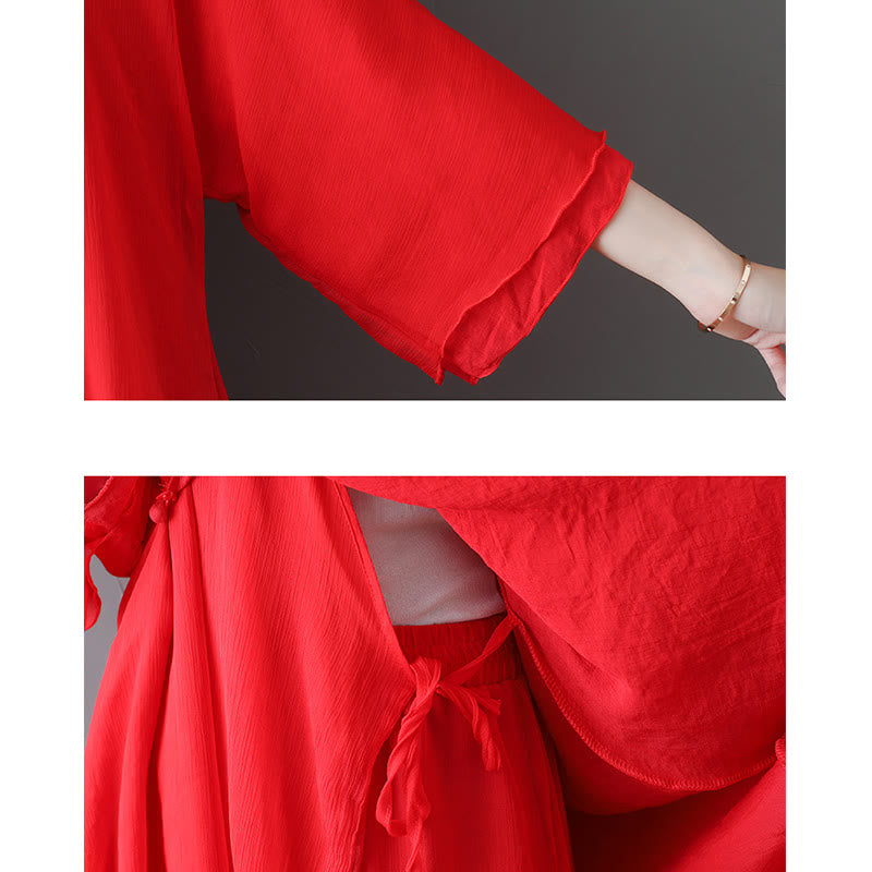 V-Neck Midi Tunic Dress Wide Leg Pants Meditation Zen Practice Dance Clothing