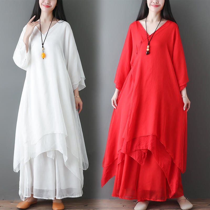 V-Neck Midi Tunic Dress Wide Leg Pants Meditation Zen Practice Dance Clothing