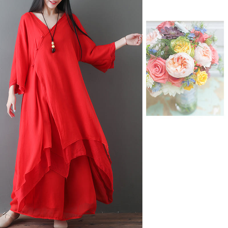 V-Neck Midi Tunic Dress Wide Leg Pants Meditation Zen Practice Dance Clothing