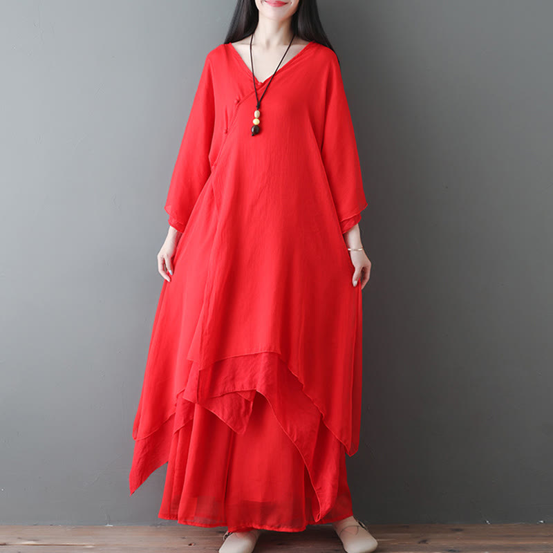 V-Neck Midi Tunic Dress Wide Leg Pants Meditation Zen Practice Dance Clothing