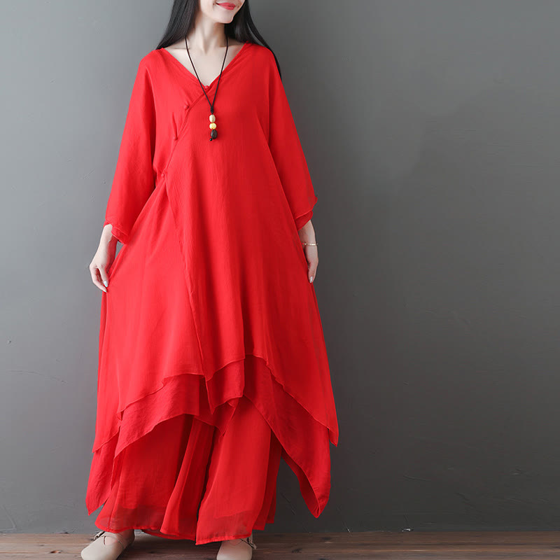 V-Neck Midi Tunic Dress Wide Leg Pants Meditation Zen Practice Dance Clothing