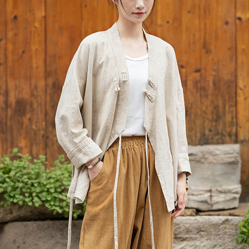 Frog-Button Hanfu Design Shirt Top Ramie Linen Jacket
