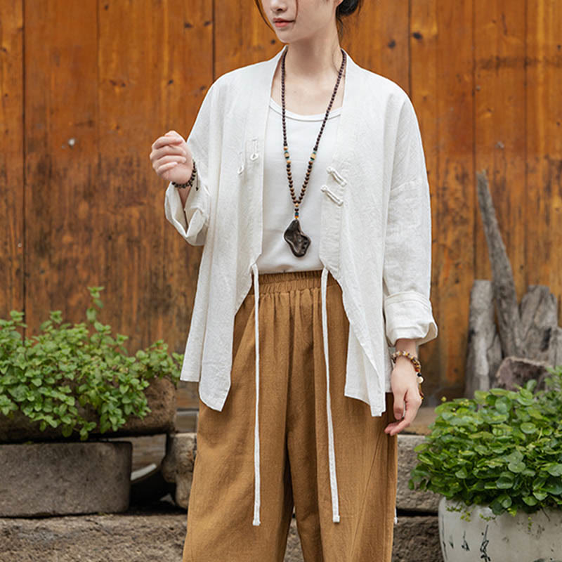 Frog-Button Hanfu Design Shirt Top Ramie Linen Jacket