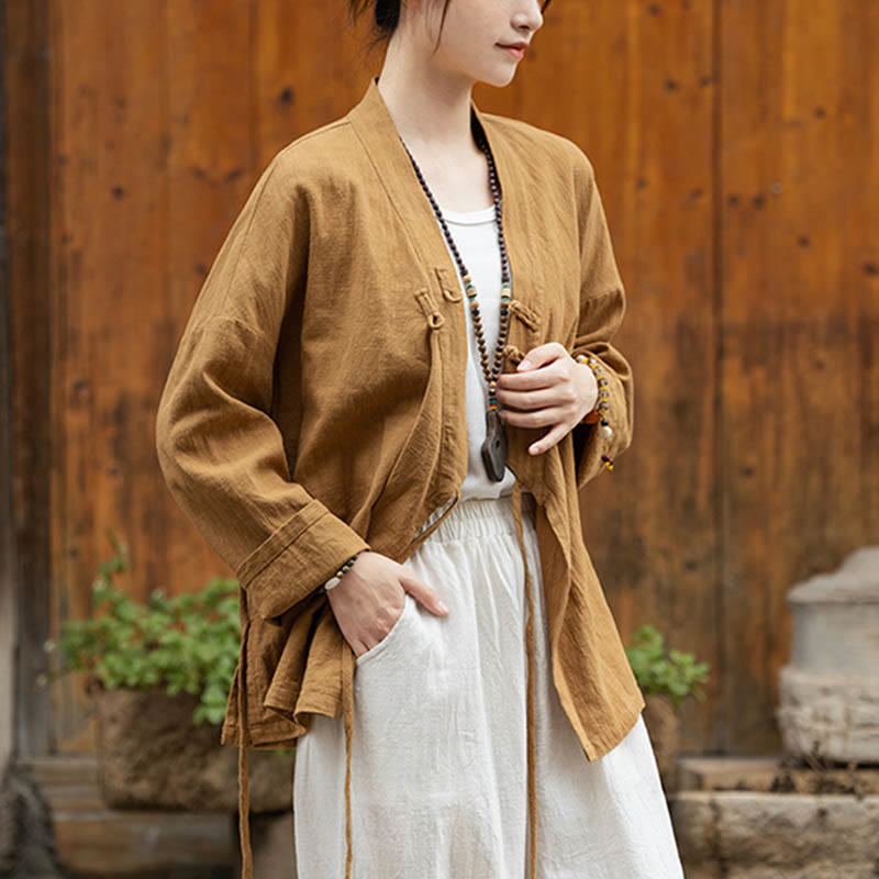 Frog-Button Hanfu Design Shirt Top Ramie Linen Jacket