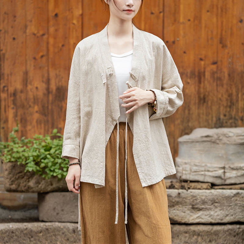 Frog-Button Hanfu Design Shirt Top Ramie Linen Jacket