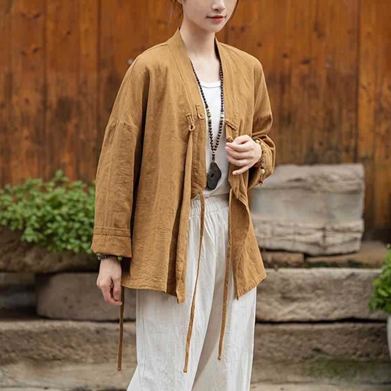 Frog-Button Hanfu Design Shirt Top Ramie Linen Jacket