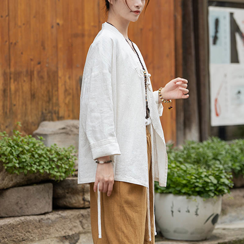Frog-Button Hanfu Design Shirt Top Ramie Linen Jacket