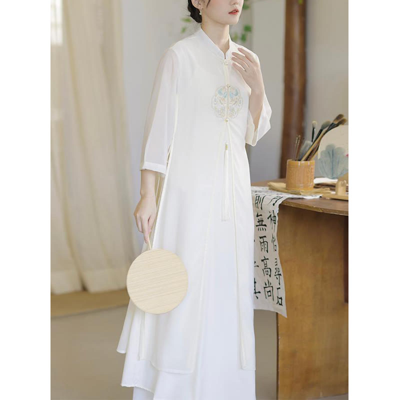 Embroidered Chiffon Zen Meditation Midi Dress and Pants