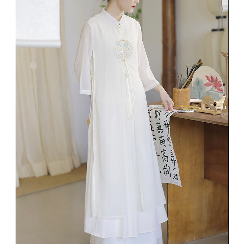 Embroidered Chiffon Zen Meditation Midi Dress and Pants