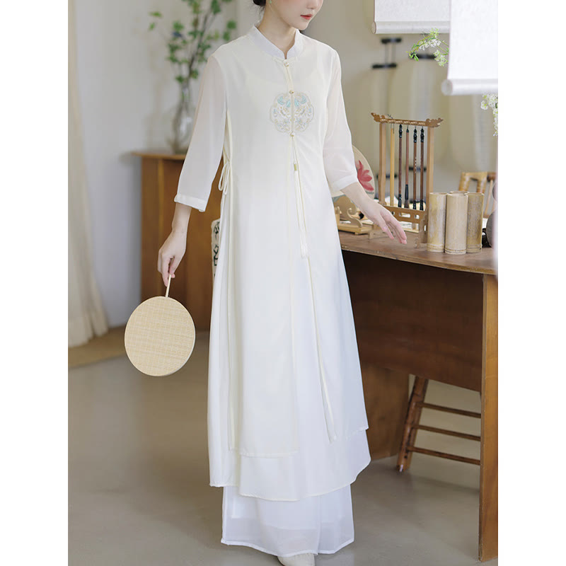 Embroidered Chiffon Zen Meditation Midi Dress and Pants