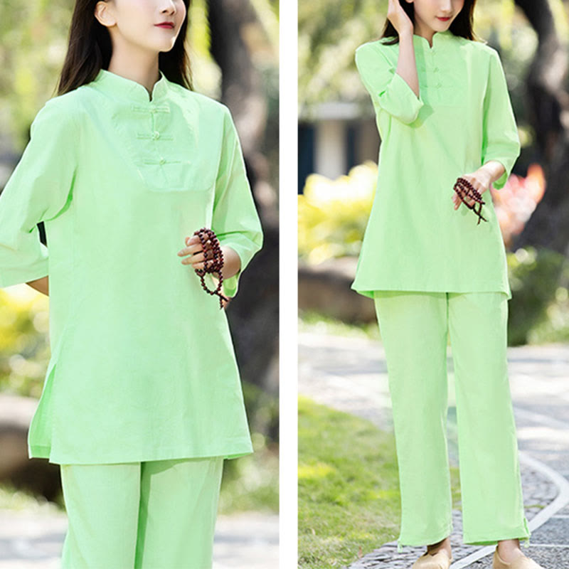 2Pcs Half Sleeve Shirt Top Pants Meditation Zen Tai Chi Cotton Linen Clothing Women's Set