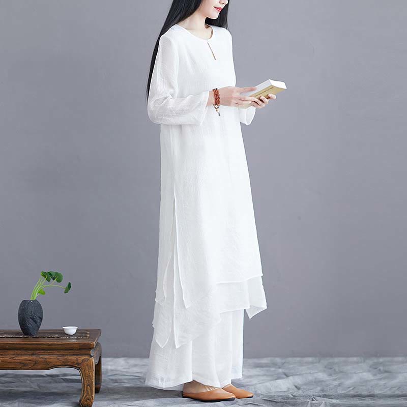 Tactile Linen Midi Dress and Wide-Leg Meditation Pants Set