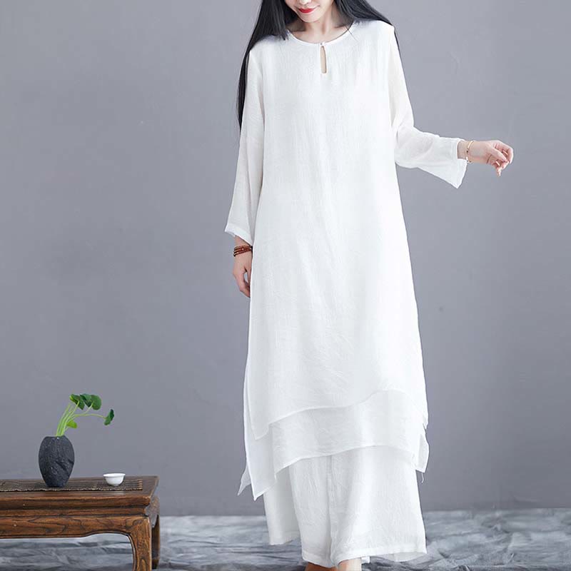 Tactile Linen Midi Dress and Wide-Leg Meditation Pants Set