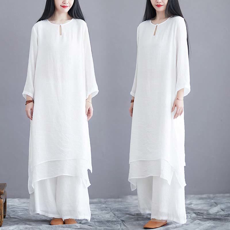 Tactile Linen Midi Dress and Wide-Leg Meditation Pants Set