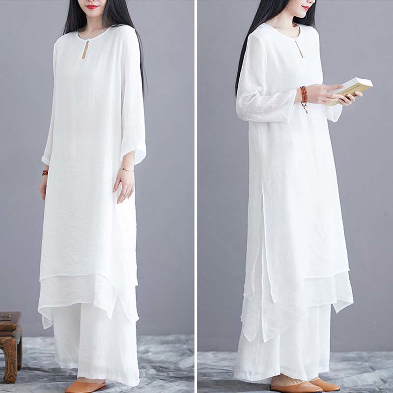Tactile Linen Midi Dress and Wide-Leg Meditation Pants Set