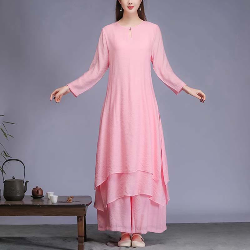 Tactile Linen Midi Dress and Wide-Leg Meditation Pants Set