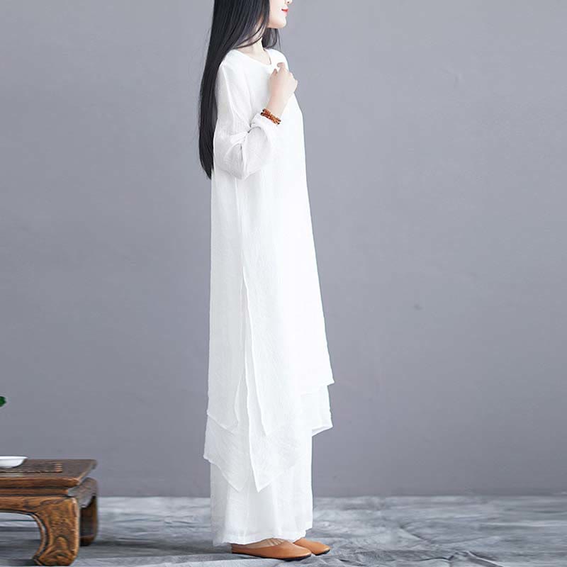 Tactile Linen Midi Dress and Wide-Leg Meditation Pants Set