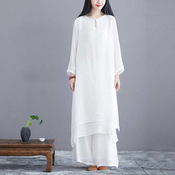 Tactile Linen Midi Dress and Wide-Leg Meditation Pants Set