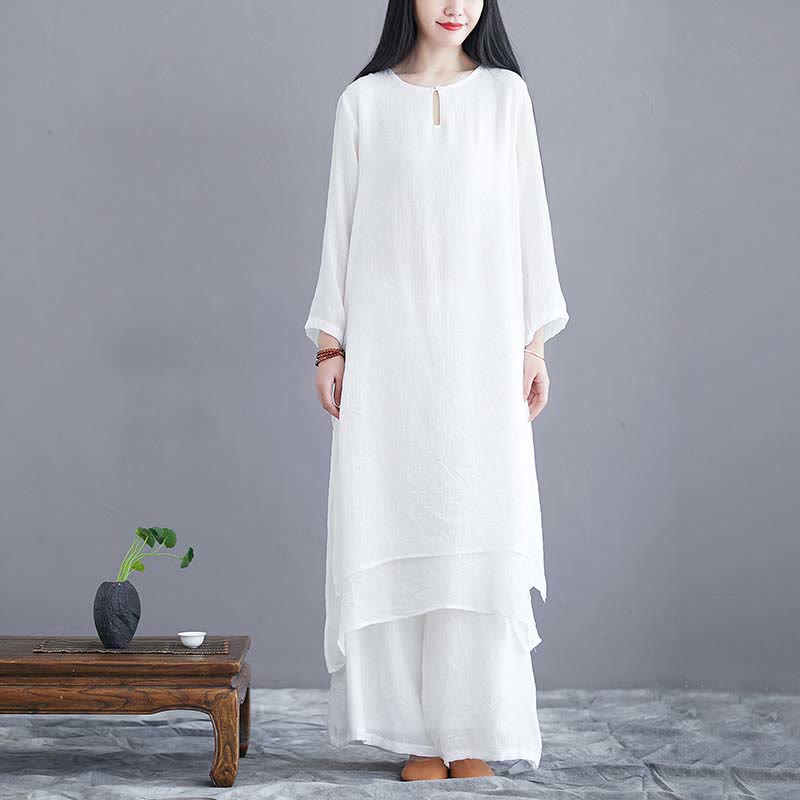 Tactile Linen Midi Dress and Wide-Leg Meditation Pants Set
