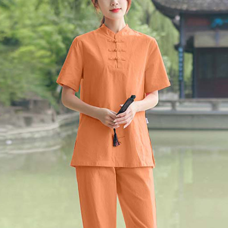 2Pcs Women's Short Sleeve Shirt Top T-Shirt Pants Meditation Zen Tai Chi Cotton Linen Clothing Set