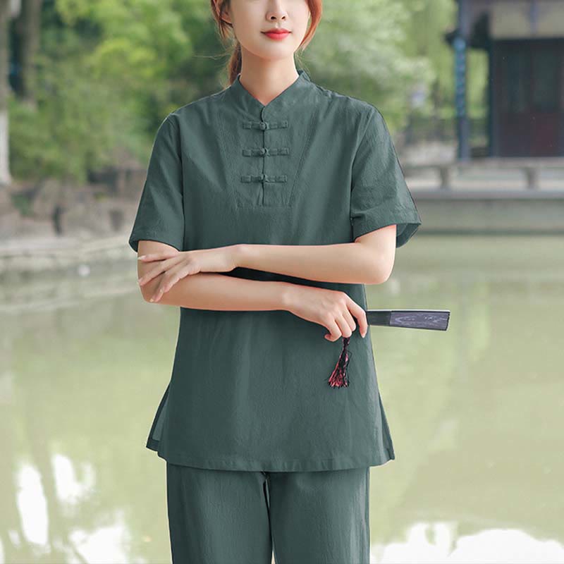 2Pcs Women's Short Sleeve Shirt Top T-Shirt Pants Meditation Zen Tai Chi Cotton Linen Clothing Set