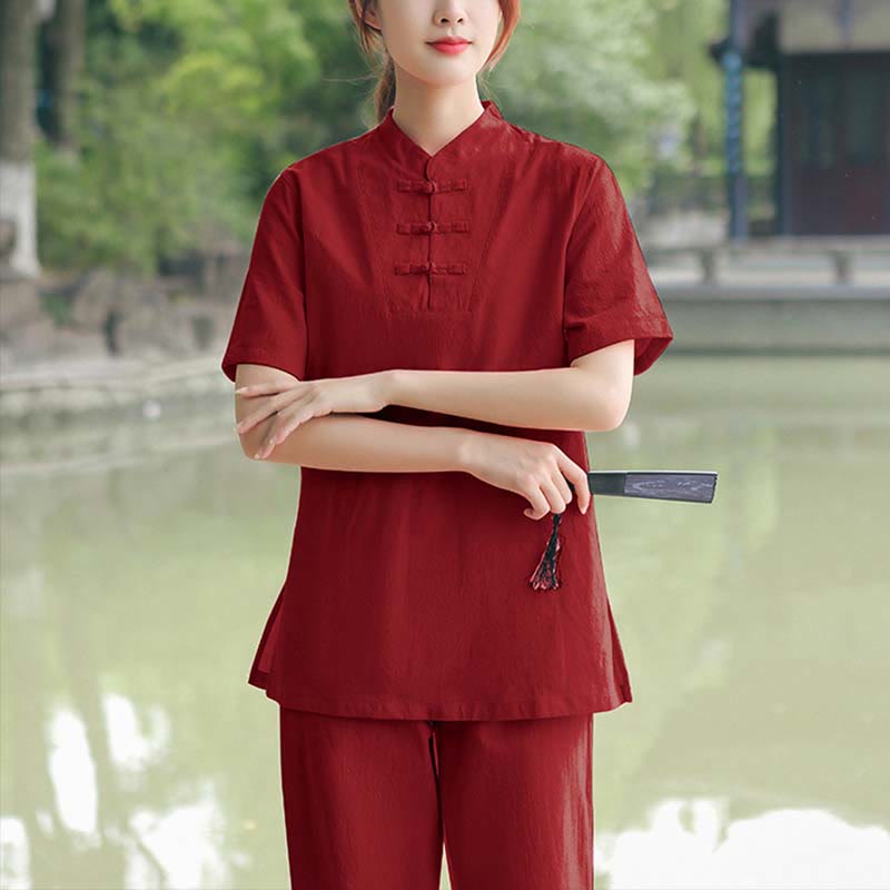2Pcs Women's Short Sleeve Shirt Top T-Shirt Pants Meditation Zen Tai Chi Cotton Linen Clothing Set