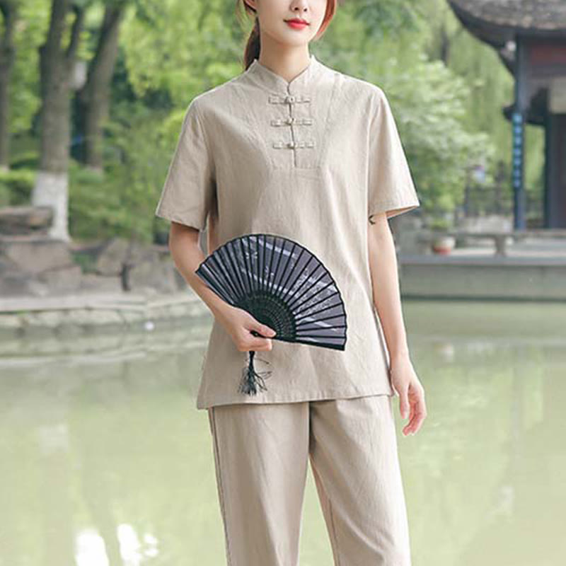 2Pcs Women's Short Sleeve Shirt Top T-Shirt Pants Meditation Zen Tai Chi Cotton Linen Clothing Set