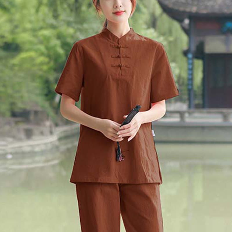 2Pcs Women's Short Sleeve Shirt Top T-Shirt Pants Meditation Zen Tai Chi Cotton Linen Clothing Set