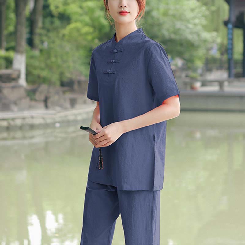 2Pcs Women's Short Sleeve Shirt Top T-Shirt Pants Meditation Zen Tai Chi Cotton Linen Clothing Set