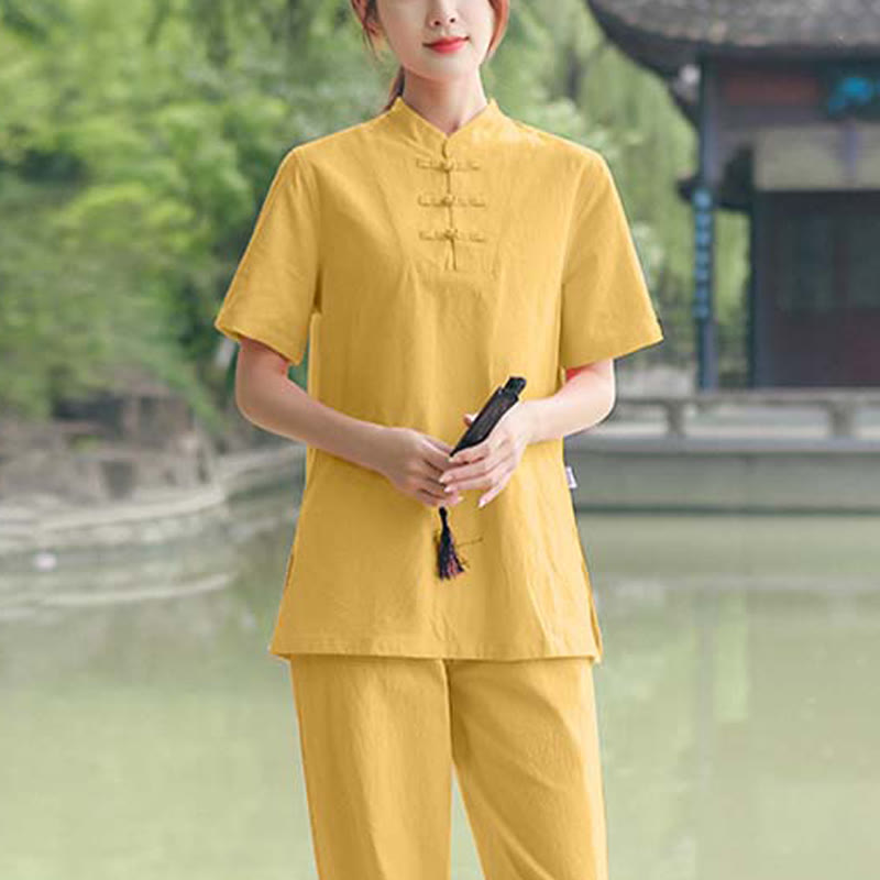 2Pcs Women's Short Sleeve Shirt Top T-Shirt Pants Meditation Zen Tai Chi Cotton Linen Clothing Set