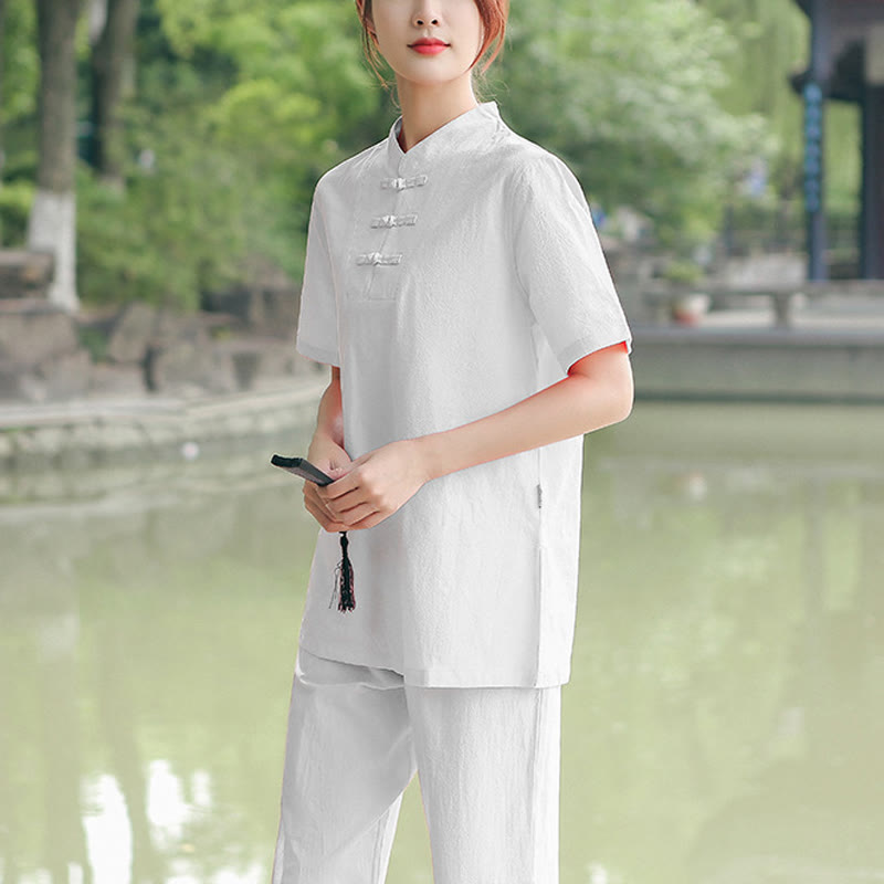 2Pcs Women's Short Sleeve Shirt Top T-Shirt Pants Meditation Zen Tai Chi Cotton Linen Clothing Set